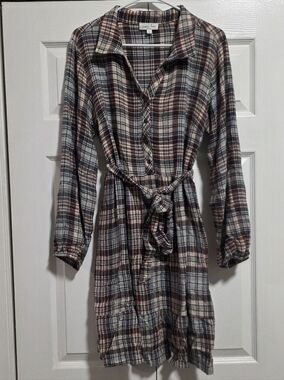 Grace & Lace Plaid Button-Front Long Sleeve Dress in Brown, Gray, and Cream